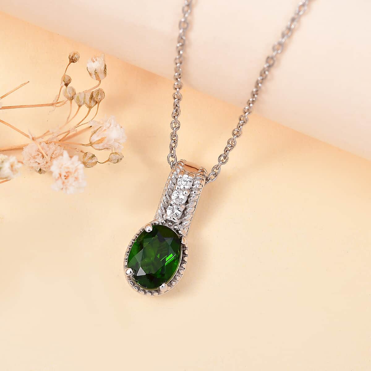 Chrome Diopside and White Zircon 1.40 ctw Pendant Necklace in Rhodium Over Sterling Silver 20 Inches image number 1