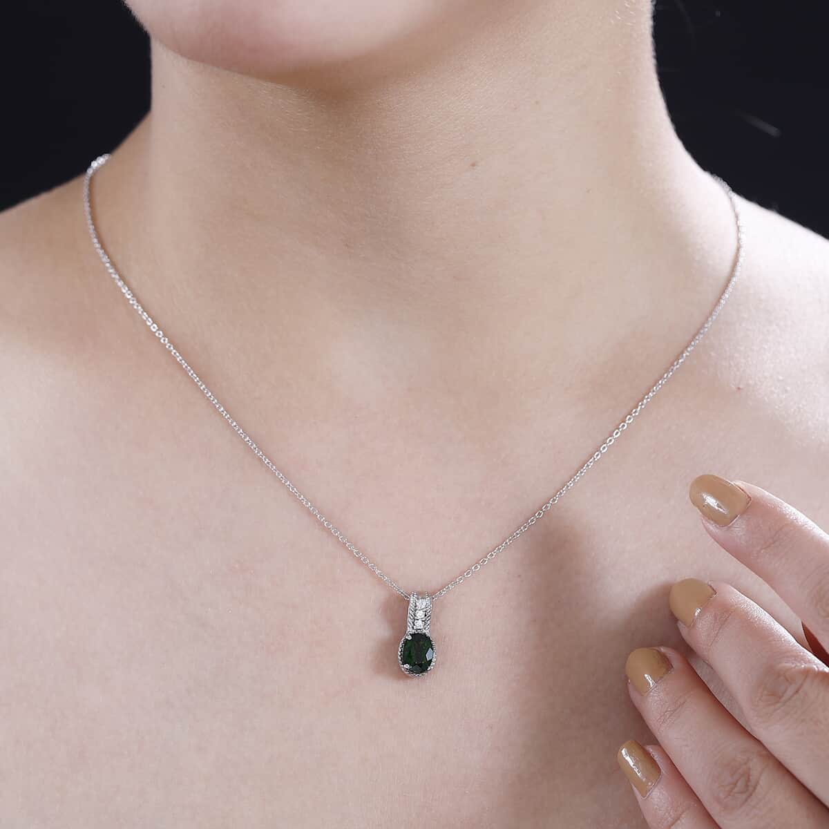 Chrome Diopside and White Zircon 1.40 ctw Pendant Necklace in Rhodium Over Sterling Silver 20 Inches image number 2