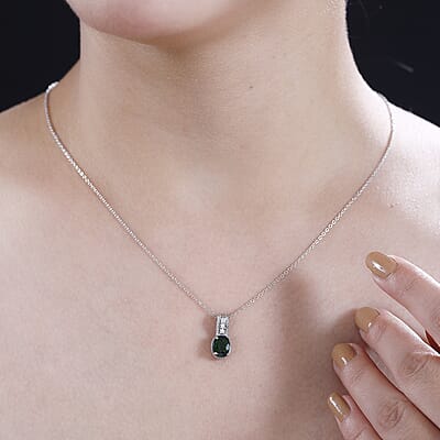 Chrome Diopside and White Zircon 1.40 ctw Pendant Necklace in Rhodium Over Sterling Silver 20 Inches
