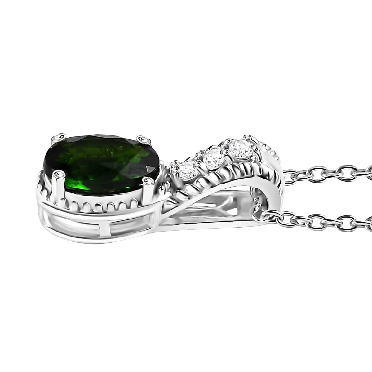 Chrome Diopside and White Zircon 1.40 ctw Pendant Necklace in Rhodium Over Sterling Silver 20 Inches image number 3