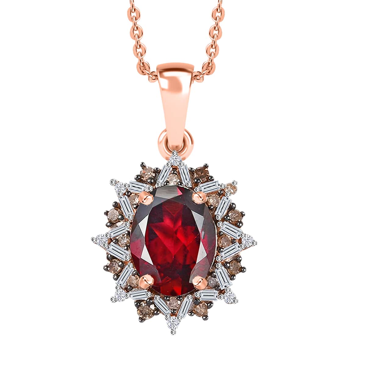 Tanzanian Wine Garnet, Natural Champagne and White Diamond Sunflower Pendant Necklace 20 Inches in 18K Vermeil Rose Gold Over Sterling Silver 2.40 ctw image number 0