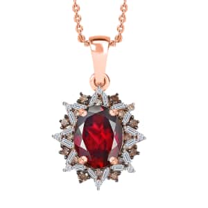 Tanzanian Wine Garnet, Natural Champagne and White Diamond Sunflower Pendant Necklace 20 Inches in 18K Vermeil Rose Gold Over Sterling Silver 2.40 ctw