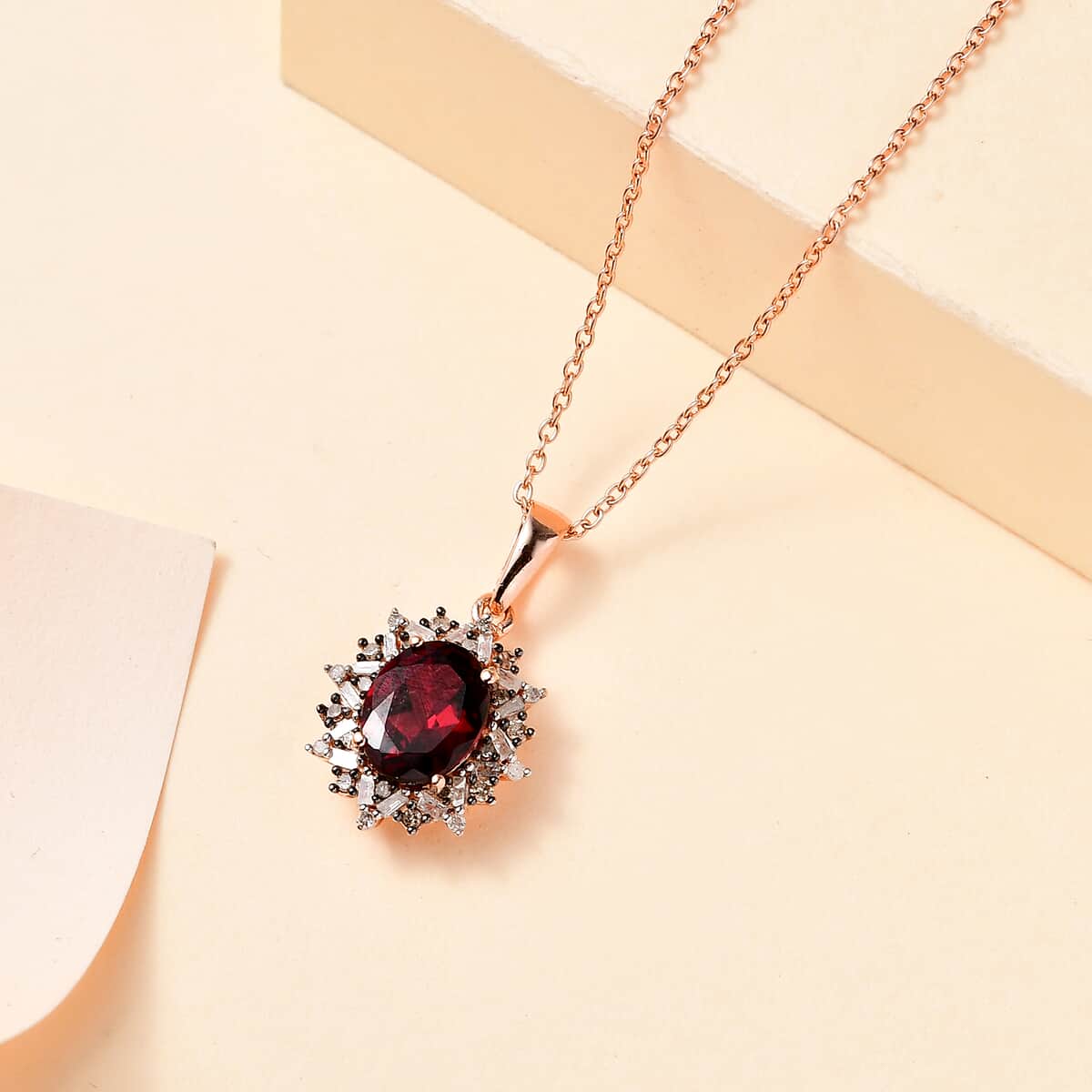 Tanzanian Wine Garnet, Natural Champagne and White Diamond Sunflower Pendant Necklace 20 Inches in 18K Vermeil Rose Gold Over Sterling Silver 2.40 ctw image number 1