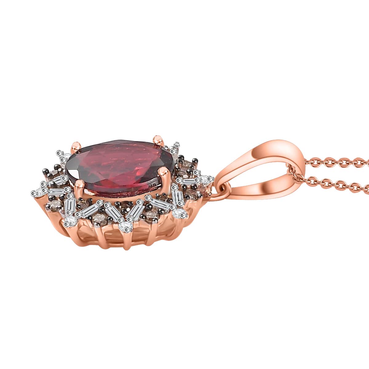 Tanzanian Wine Garnet, Natural Champagne and White Diamond Sunflower Pendant Necklace 20 Inches in 18K Vermeil Rose Gold Over Sterling Silver 2.40 ctw image number 2