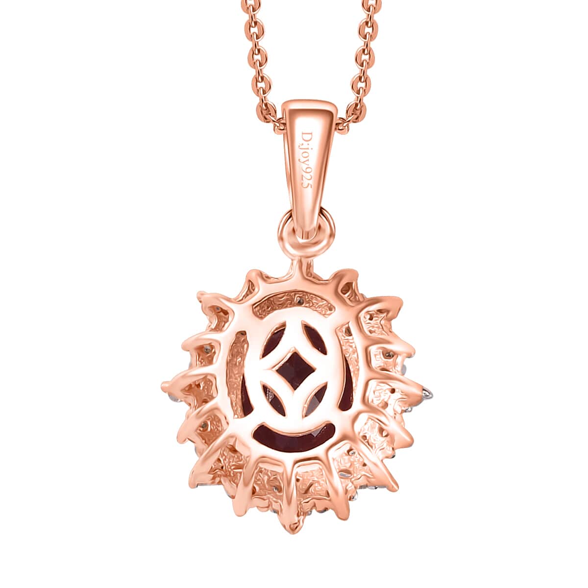 Tanzanian Wine Garnet, Natural Champagne and White Diamond Sunflower Pendant Necklace 20 Inches in 18K Vermeil Rose Gold Over Sterling Silver 2.40 ctw image number 3