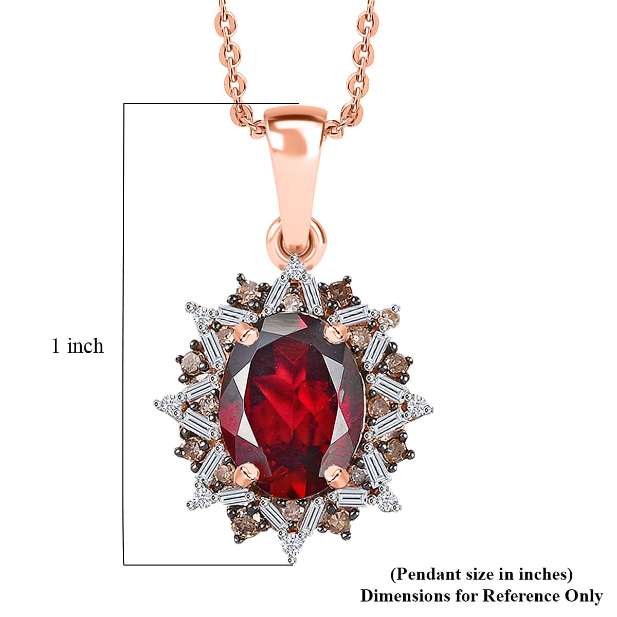 Tanzanian Wine Garnet, Natural Champagne and White Diamond Sunflower Pendant Necklace 20 Inches in 18K Vermeil Rose Gold Over Sterling Silver 2.40 ctw