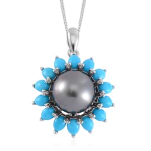 Tahitian Cultured Pearl and Sleeping Beauty Turquoise Daisy Floral Pendant Necklace 18 Inches in Rhodium Over Sterling Silver 2.70 ctw