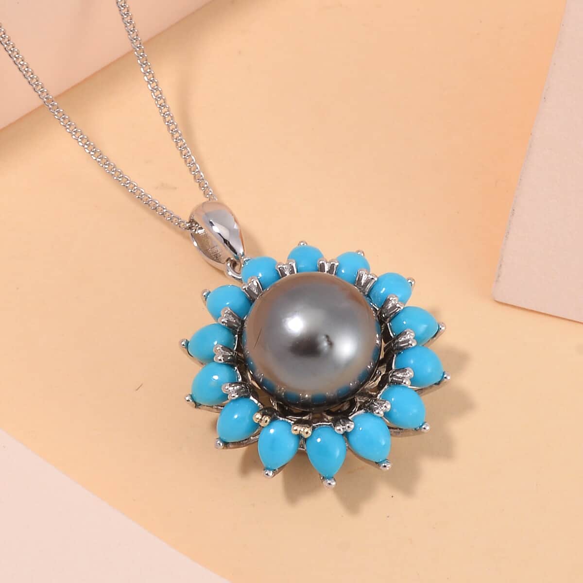 Tahitian Cultured Pearl and Sleeping Beauty Turquoise Daisy Floral Pendant Necklace 18 Inches in Rhodium Over Sterling Silver 2.70 ctw image number 1