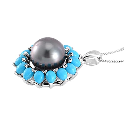 Tahitian Cultured Pearl and Sleeping Beauty Turquoise Daisy Floral Pendant Necklace 18 Inches in Rhodium Over Sterling Silver 2.70 ctw