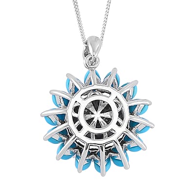 Tahitian Cultured Pearl and Sleeping Beauty Turquoise Daisy Floral Pendant Necklace 18 Inches in Rhodium Over Sterling Silver 2.70 ctw