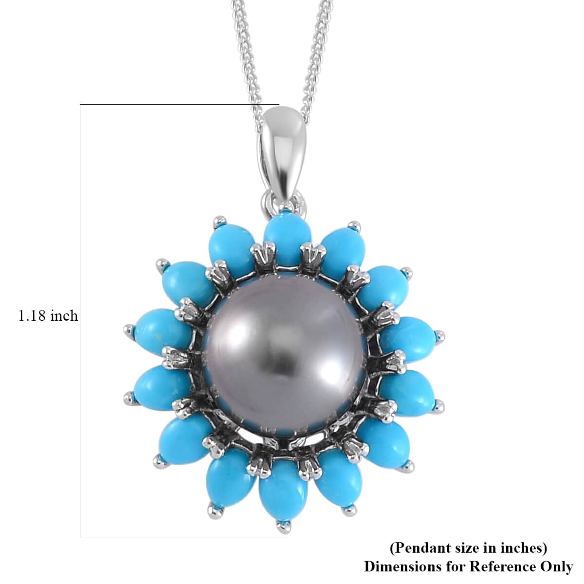 Tahitian Cultured Pearl and Sleeping Beauty Turquoise Daisy Floral Pendant Necklace 18 Inches in Rhodium Over Sterling Silver 2.70 ctw image number 6