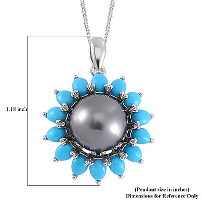 Tahitian Cultured Pearl and Sleeping Beauty Turquoise Daisy Floral Pendant Necklace 18 Inches in Rhodium Over Sterling Silver 2.70 ctw