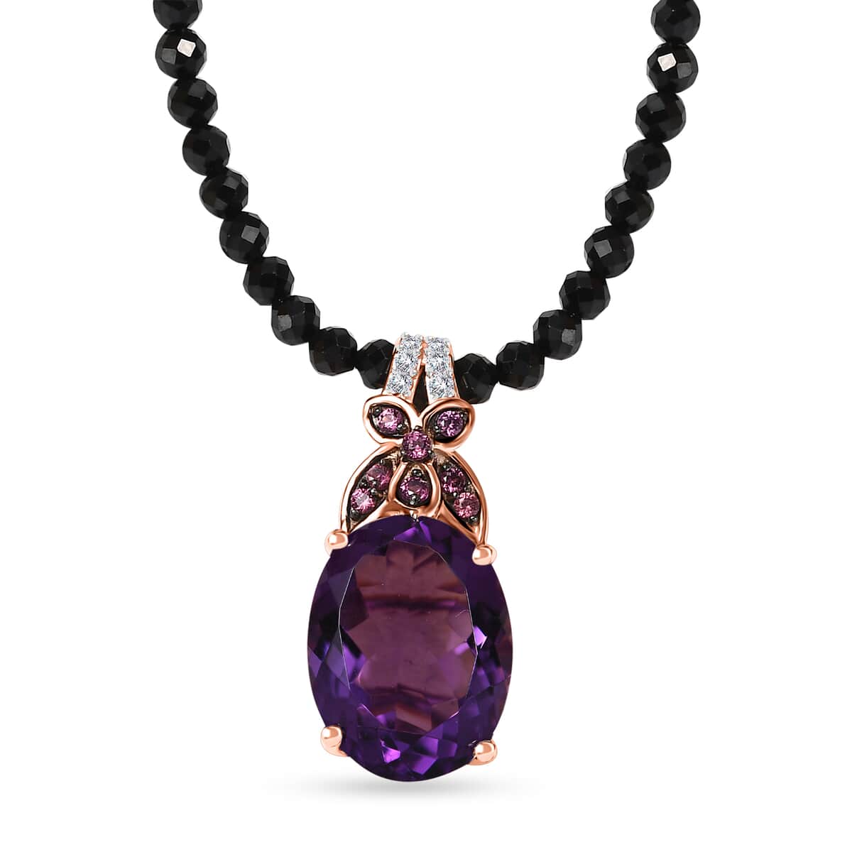 African Amethyst and Multi Gemstone Pendant with Black Spinel 84.65 ctw Beaded Necklace 20 Inches in 14K Vermeil Rose Gold Over Sterling Silver image number 0