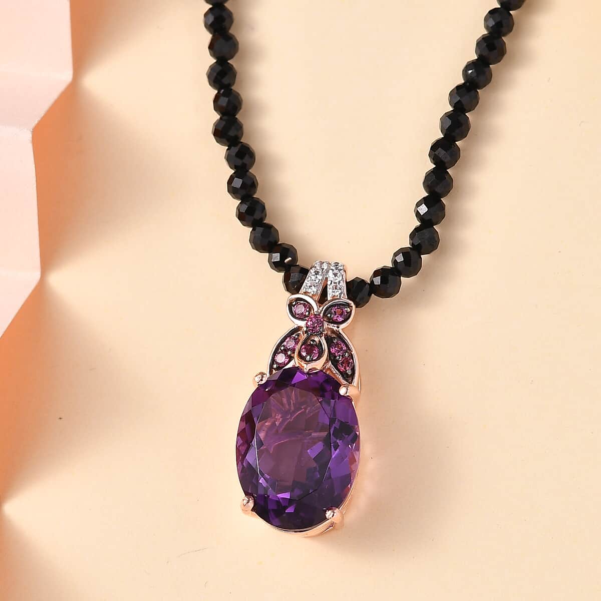 African Amethyst and Multi Gemstone Pendant with Black Spinel 84.65 ctw Beaded Necklace 20 Inches in 14K Vermeil Rose Gold Over Sterling Silver image number 1