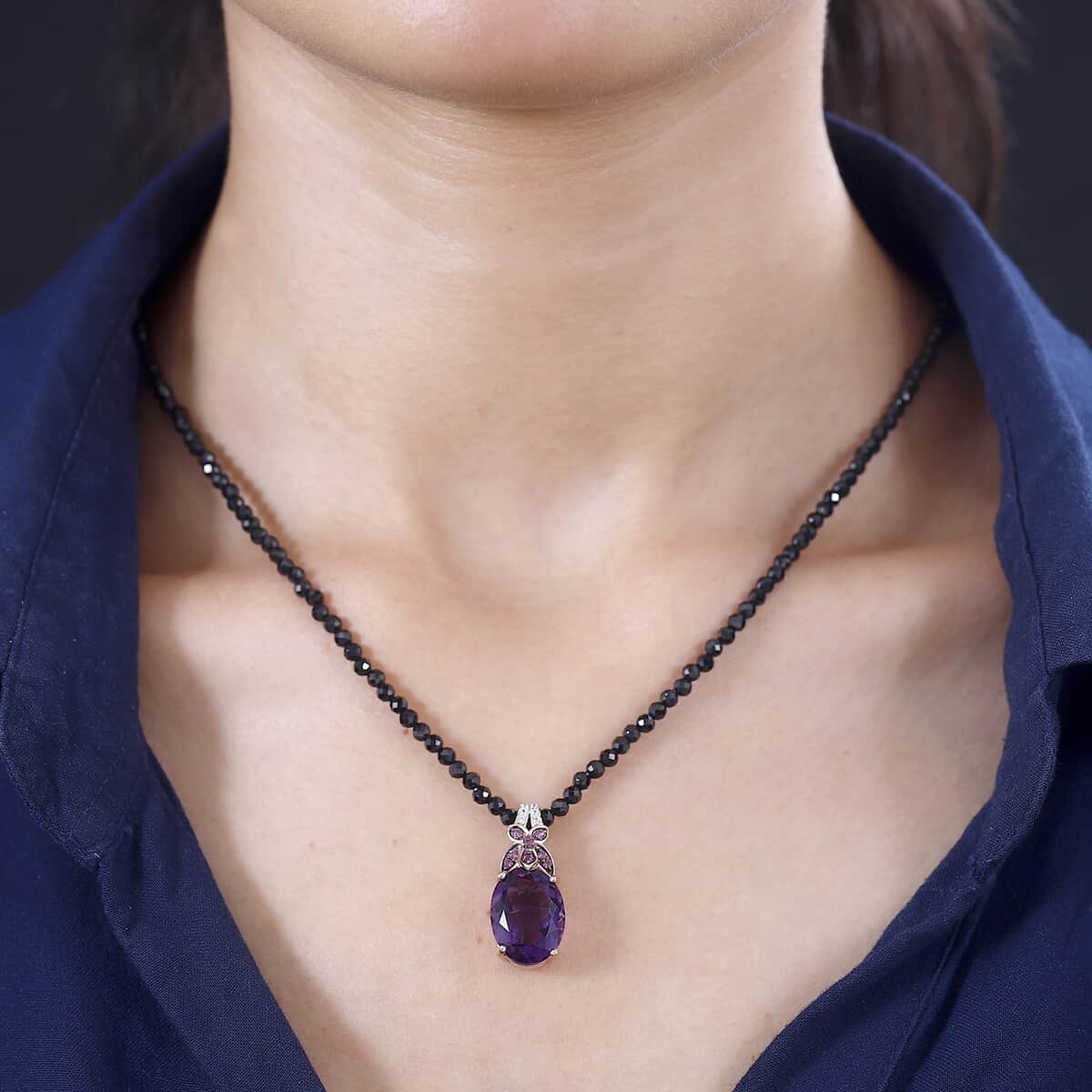 African Amethyst and Multi Gemstone Pendant with Black Spinel 84.65 ctw Beaded Necklace 20 Inches in 14K Vermeil Rose Gold Over Sterling Silver image number 2