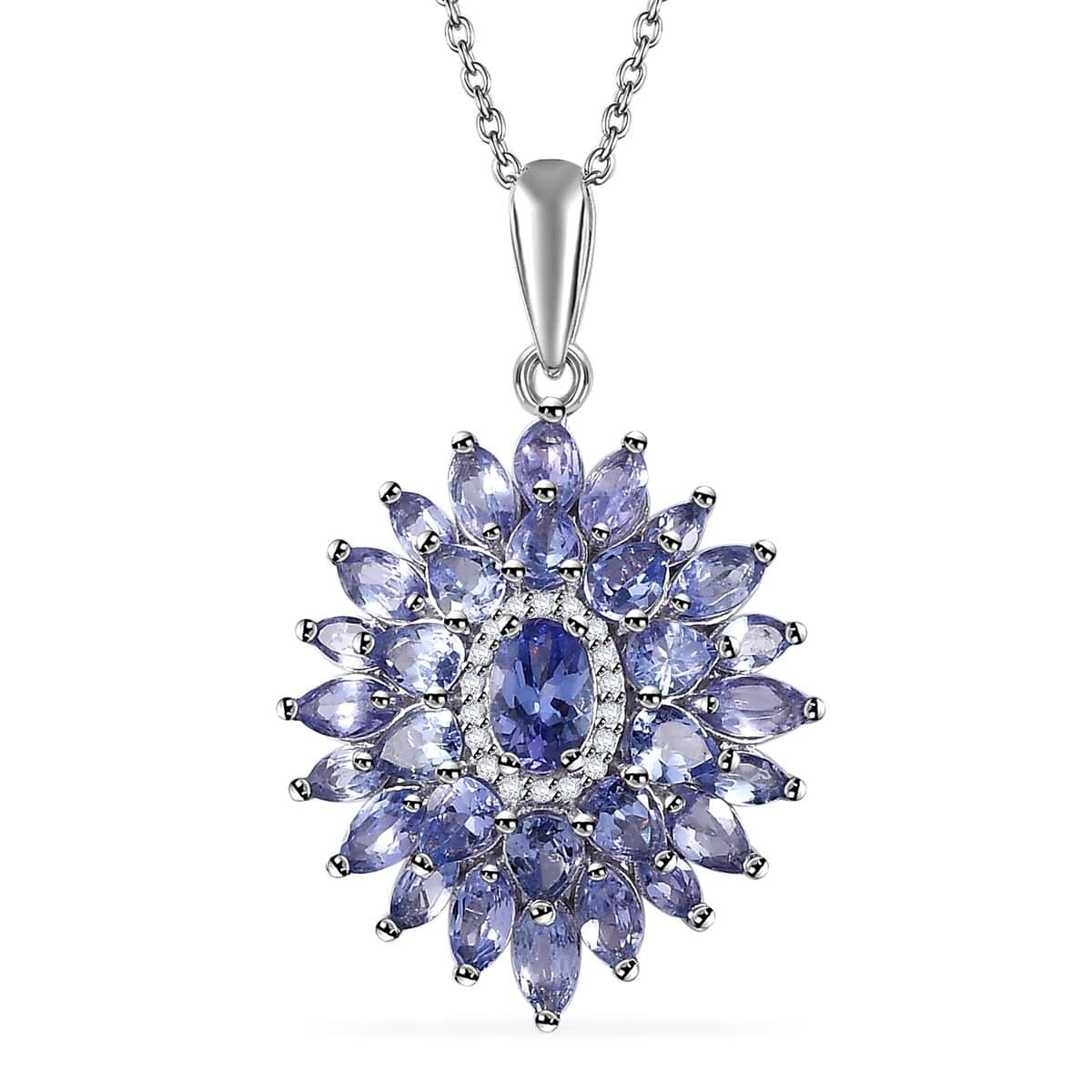 Tanzanite and White Zircon Dahlia Floral Spray Pendant Necklace 20 Inches in Rhodium Over Sterling Silver 4.35 ctw image number 0