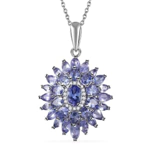 Tanzanite and White Zircon Dahlia Floral Spray Pendant Necklace 20 Inches in Rhodium Over Sterling Silver 4.35 ctw