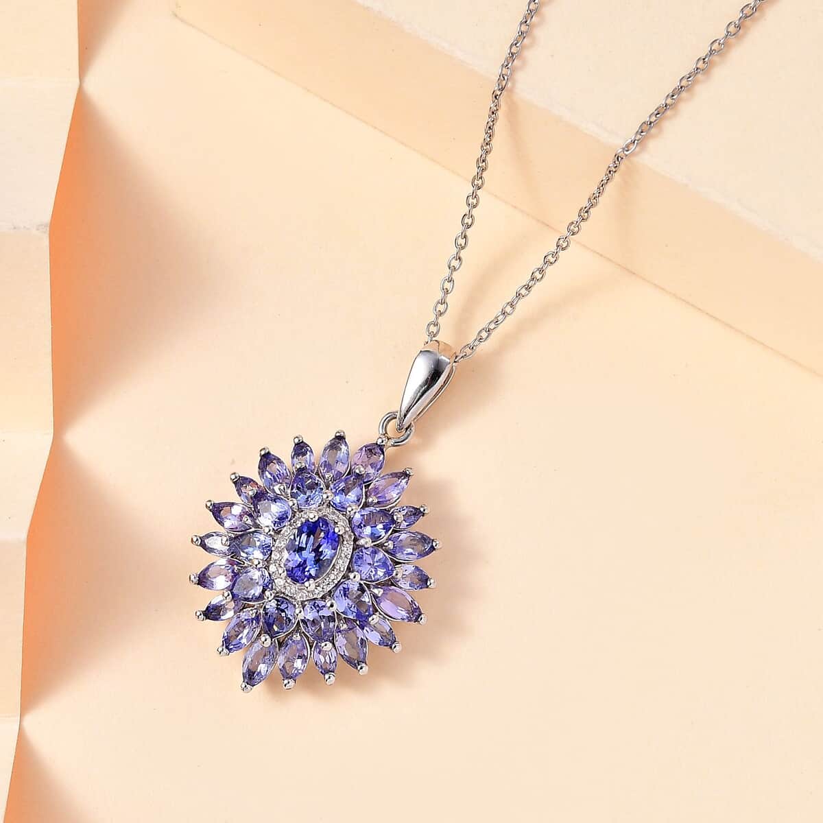 Tanzanite and White Zircon Dahlia Floral Spray Pendant Necklace 20 Inches in Rhodium Over Sterling Silver 4.35 ctw image number 1