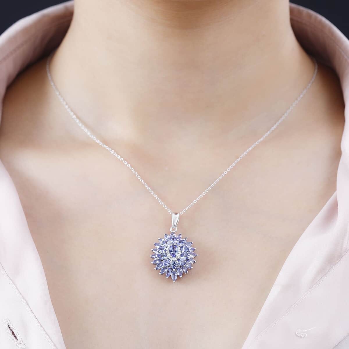 Tanzanite and White Zircon Dahlia Floral Spray Pendant Necklace 20 Inches in Rhodium Over Sterling Silver 4.35 ctw image number 2