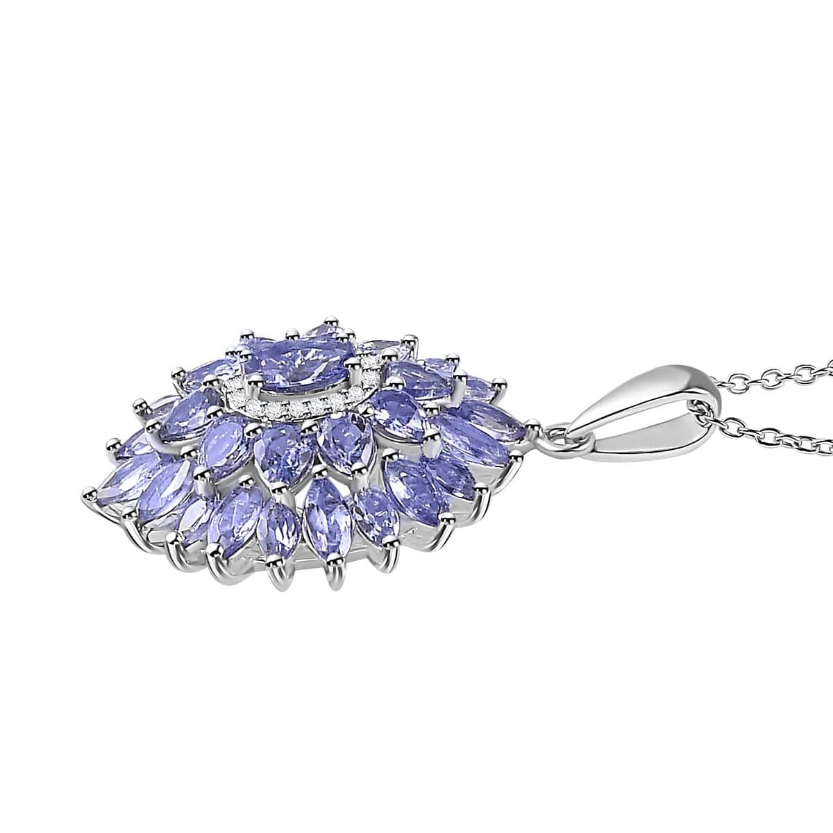 Tanzanite and White Zircon Dahlia Floral Spray Pendant Necklace 20 Inches in Rhodium Over Sterling Silver 4.35 ctw image number 3