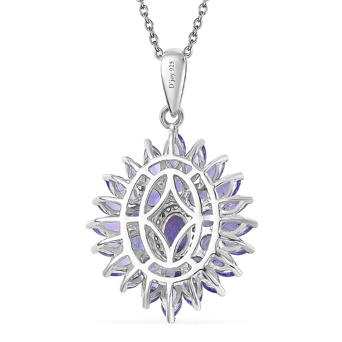 Tanzanite and White Zircon Dahlia Floral Spray Pendant Necklace 20 Inches in Rhodium Over Sterling Silver 4.35 ctw