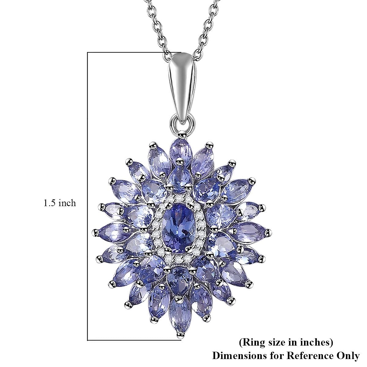 Tanzanite and White Zircon Dahlia Floral Spray Pendant Necklace 20 Inches in Rhodium Over Sterling Silver 4.35 ctw