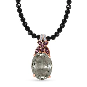 Montezuma Prasiolite and Multi Gemstone Pendant with Black Spinel 84.50 ctw Beaded Necklace in 14K Vermeil RG Over Sterling Silver 20 Inches