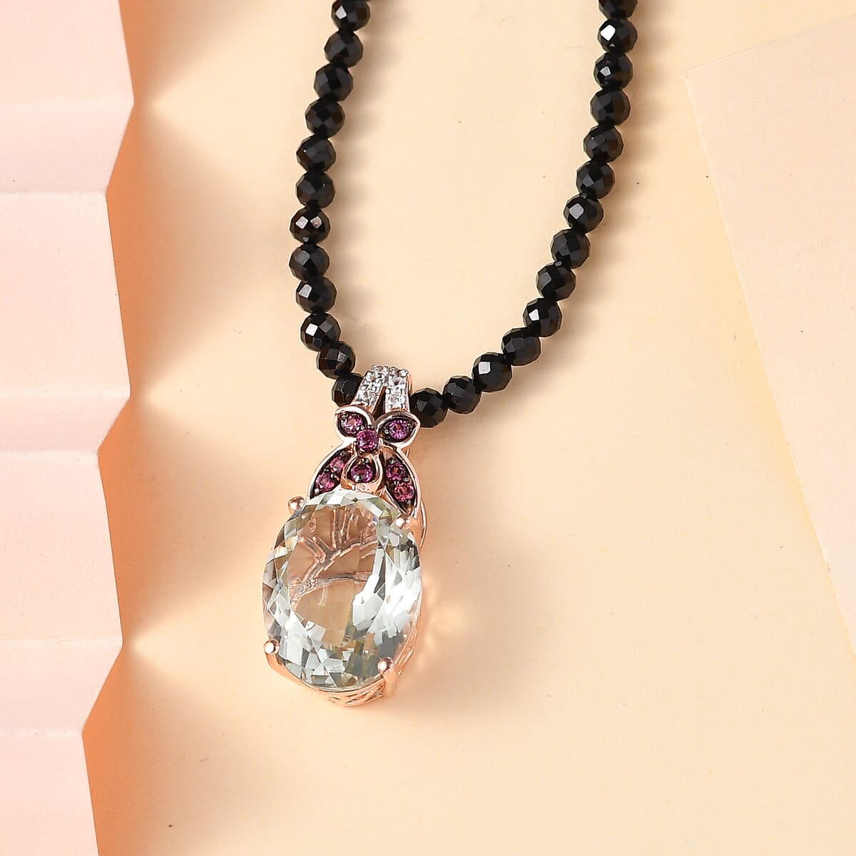 Montezuma Prasiolite and Multi Gemstone Pendant with Black Spinel 84.50 ctw Beaded Necklace in 14K Vermeil RG Over Sterling Silver 20 Inches image number 1