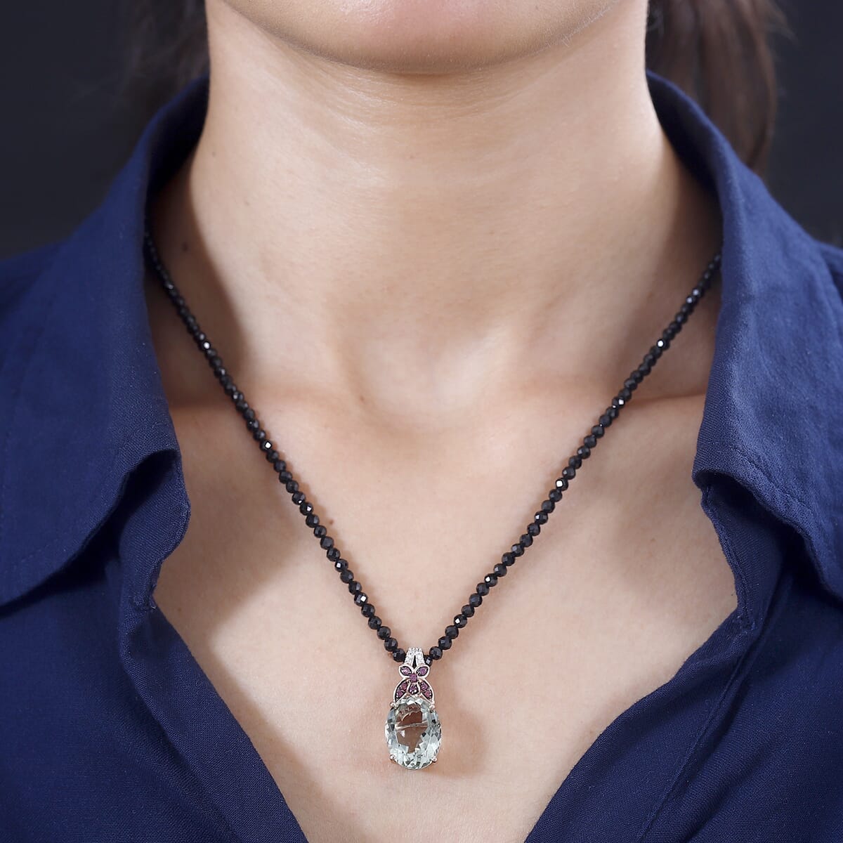 Montezuma Prasiolite and Multi Gemstone Pendant with Black Spinel 84.50 ctw Beaded Necklace in 14K Vermeil RG Over Sterling Silver 20 Inches image number 2