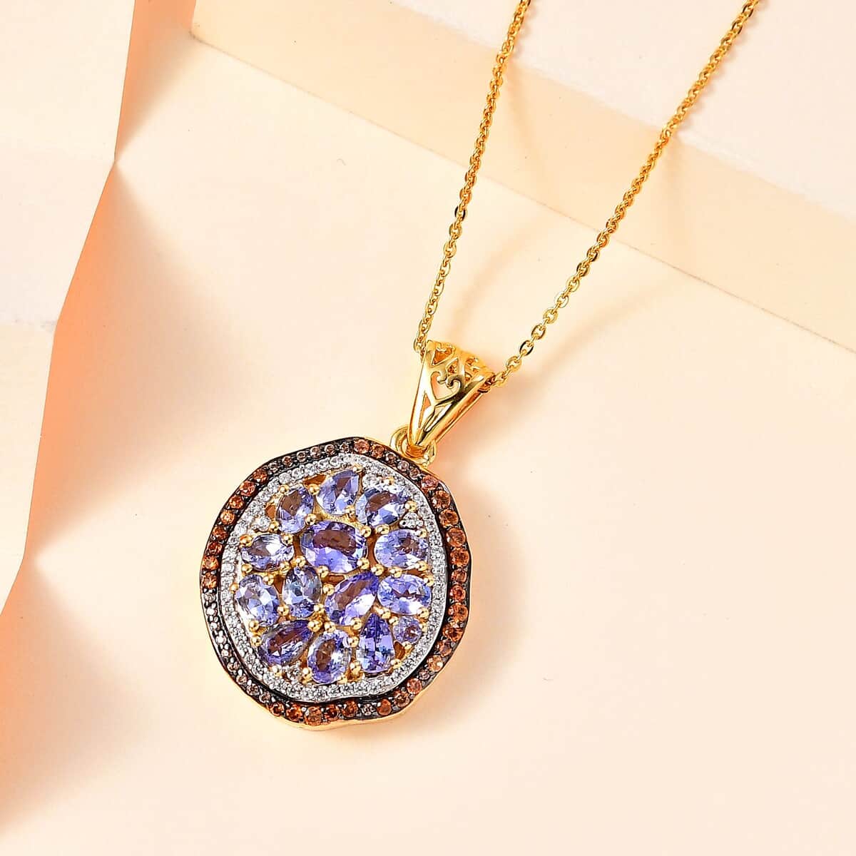 Tanzanite, Brown and White Zircon Sea Pebble Pendant Necklace 20 Inches in 18K Vermeil Yellow Gold Over Sterling Silver 3.30 ctw image number 1