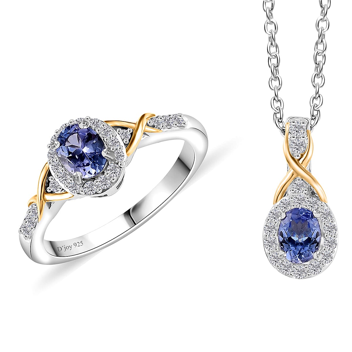 Tanzanite and White Zircon Infinity Halo Ring (Size 5.0) and Pendant Necklace 20 Inches in Vermeil YG and Rhodium Over Sterling Silver 1.25 ctw