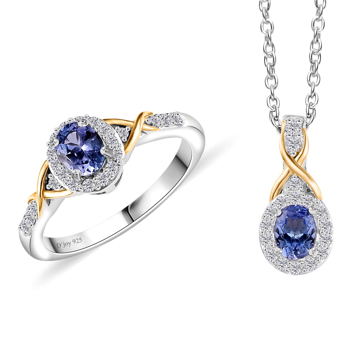 Tanzanite and White Zircon Infinity Halo Ring (Size 5.0) and Pendant Necklace 20 Inches in Vermeil YG and Rhodium Over Sterling Silver 1.25 ctw image number 0