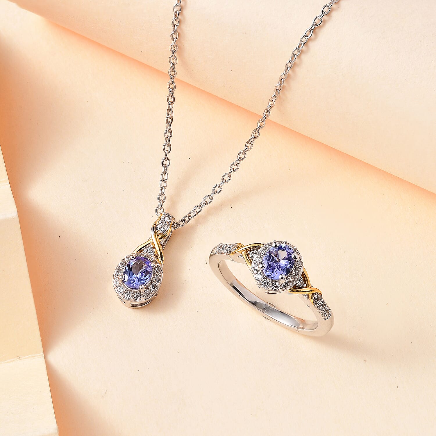 Tanzanite and White Zircon Infinity Halo Ring (Size 5.0) and Pendant Necklace 20 Inches in Vermeil YG and Rhodium Over Sterling Silver 1.25 ctw
