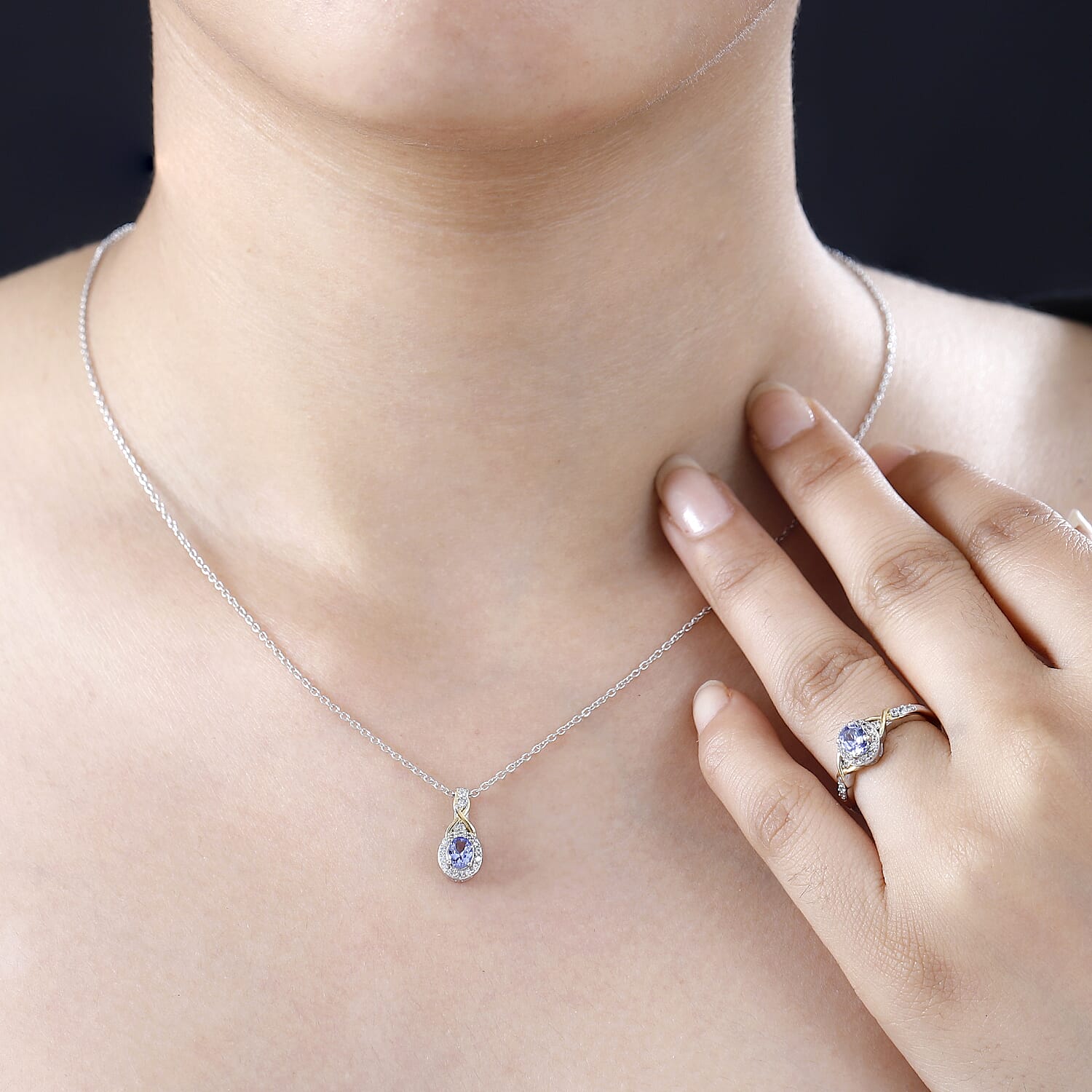 Tanzanite and White Zircon Infinity Halo Ring (Size 5.0) and Pendant Necklace 20 Inches in Vermeil YG and Rhodium Over Sterling Silver 1.25 ctw