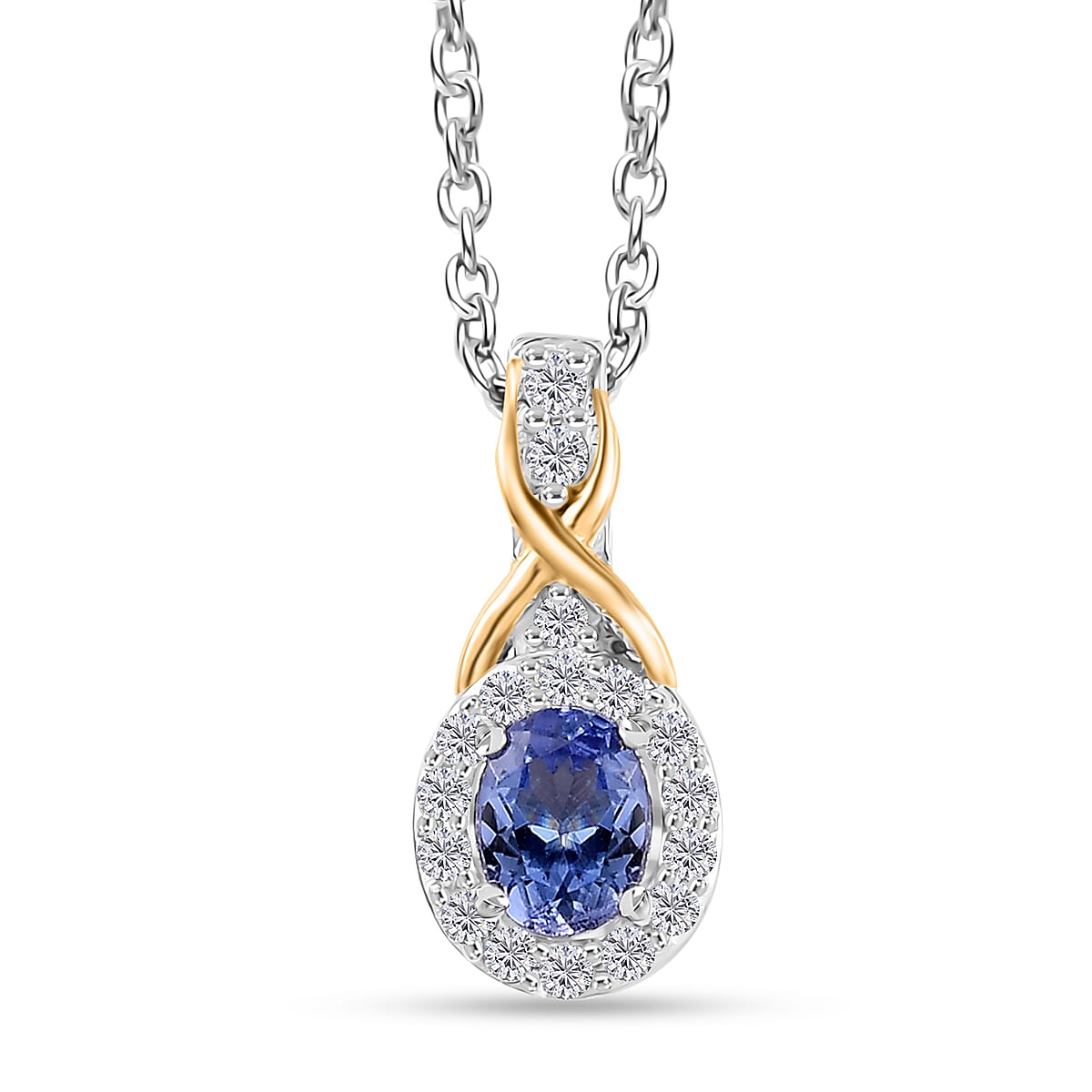 Tanzanite and White Zircon Infinity Halo Ring (Size 5.0) and Pendant Necklace 20 Inches in Vermeil YG and Rhodium Over Sterling Silver 1.25 ctw