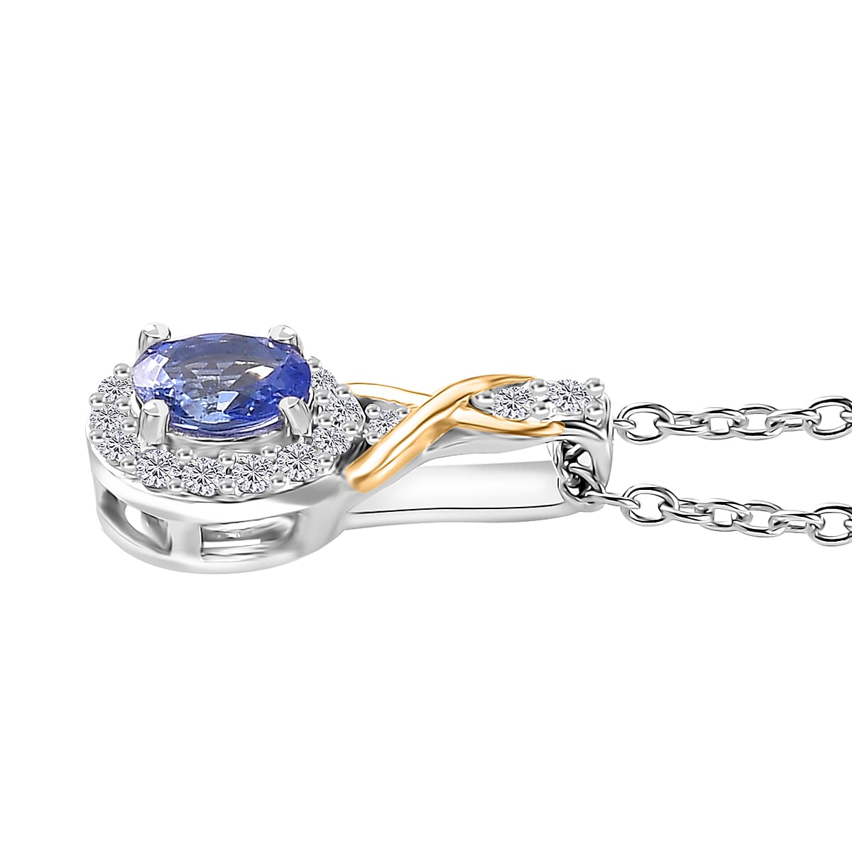 Tanzanite and White Zircon Infinity Halo Ring (Size 5.0) and Pendant Necklace 20 Inches in Vermeil YG and Rhodium Over Sterling Silver 1.25 ctw