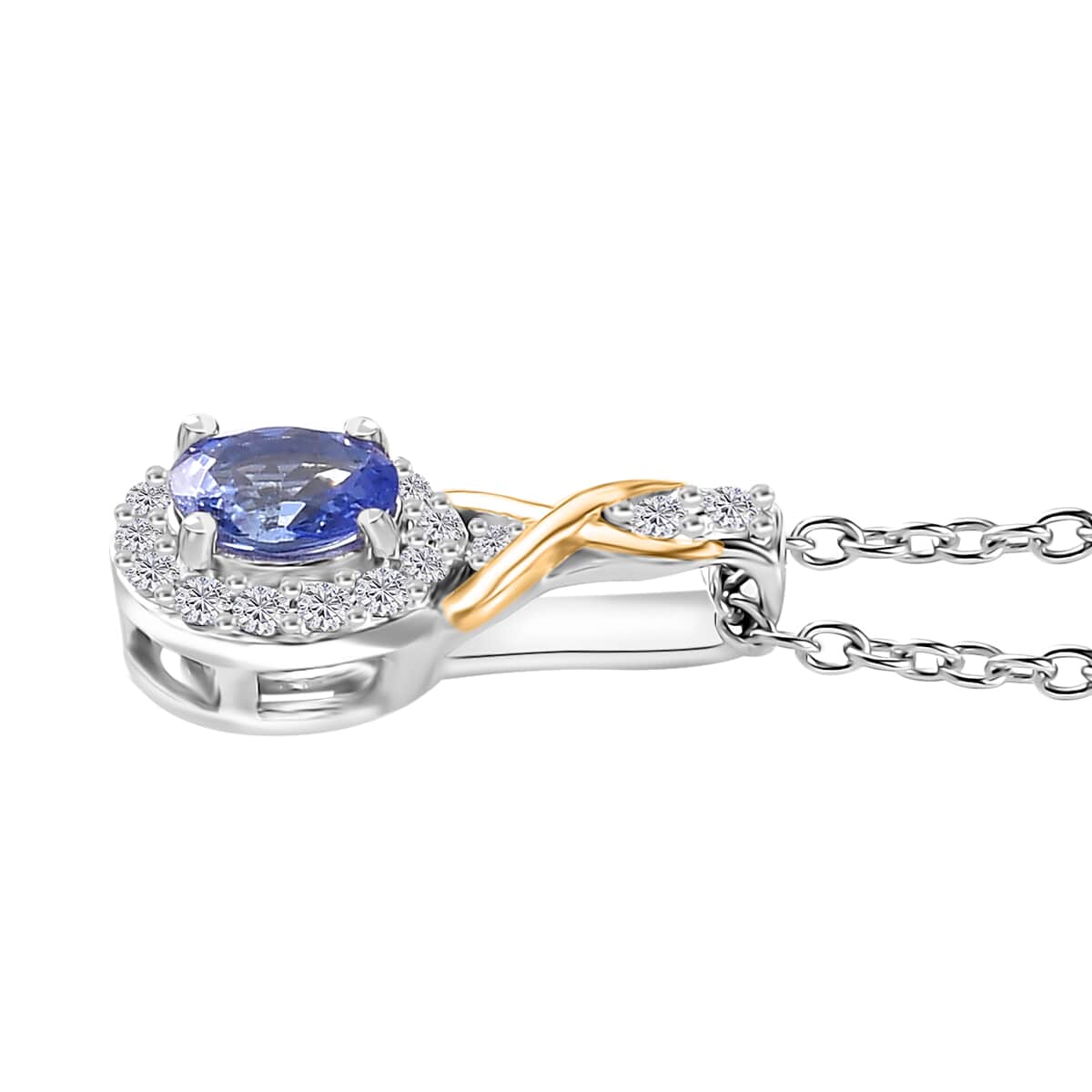 Tanzanite and White Zircon Infinity Halo Ring (Size 5.0) and Pendant Necklace 20 Inches in Vermeil YG and Rhodium Over Sterling Silver 1.25 ctw image number 6