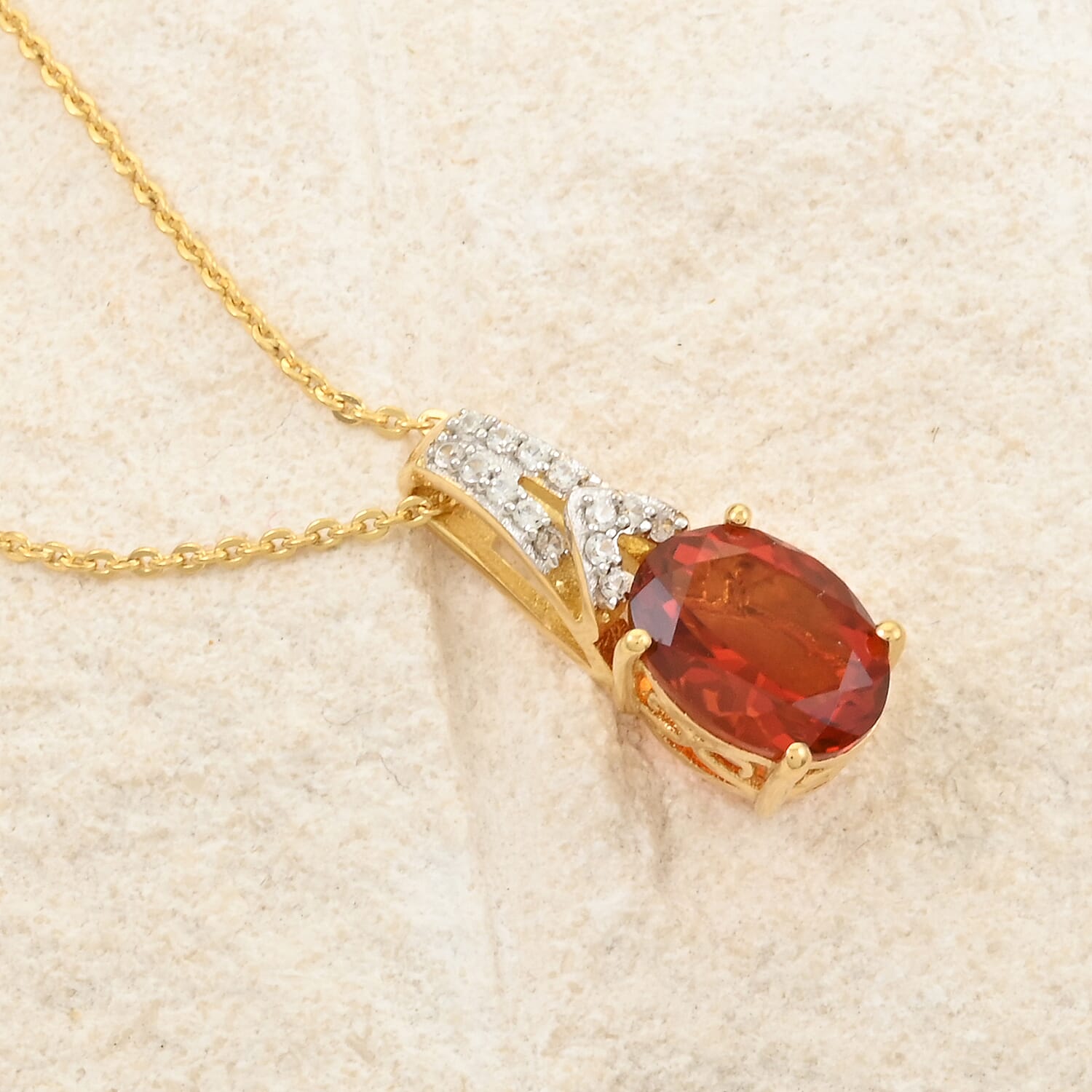 Brazilian Cherry Citrine and White Zircon 1.90 ctw Pendant Necklace in 14K Vermeil Yellow Gold Over Sterling Silver 20 Inches