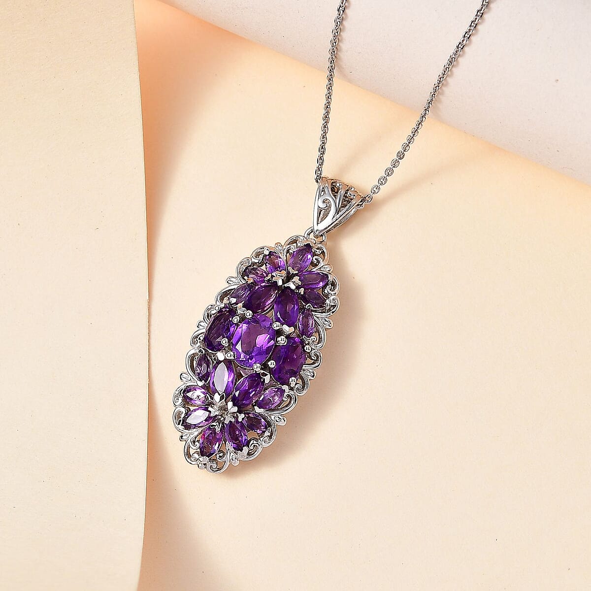 African Amethyst Elongated Pendant Necklace 20 Inches in Platinum Over Sterling Silver 3.90 ctw image number 1