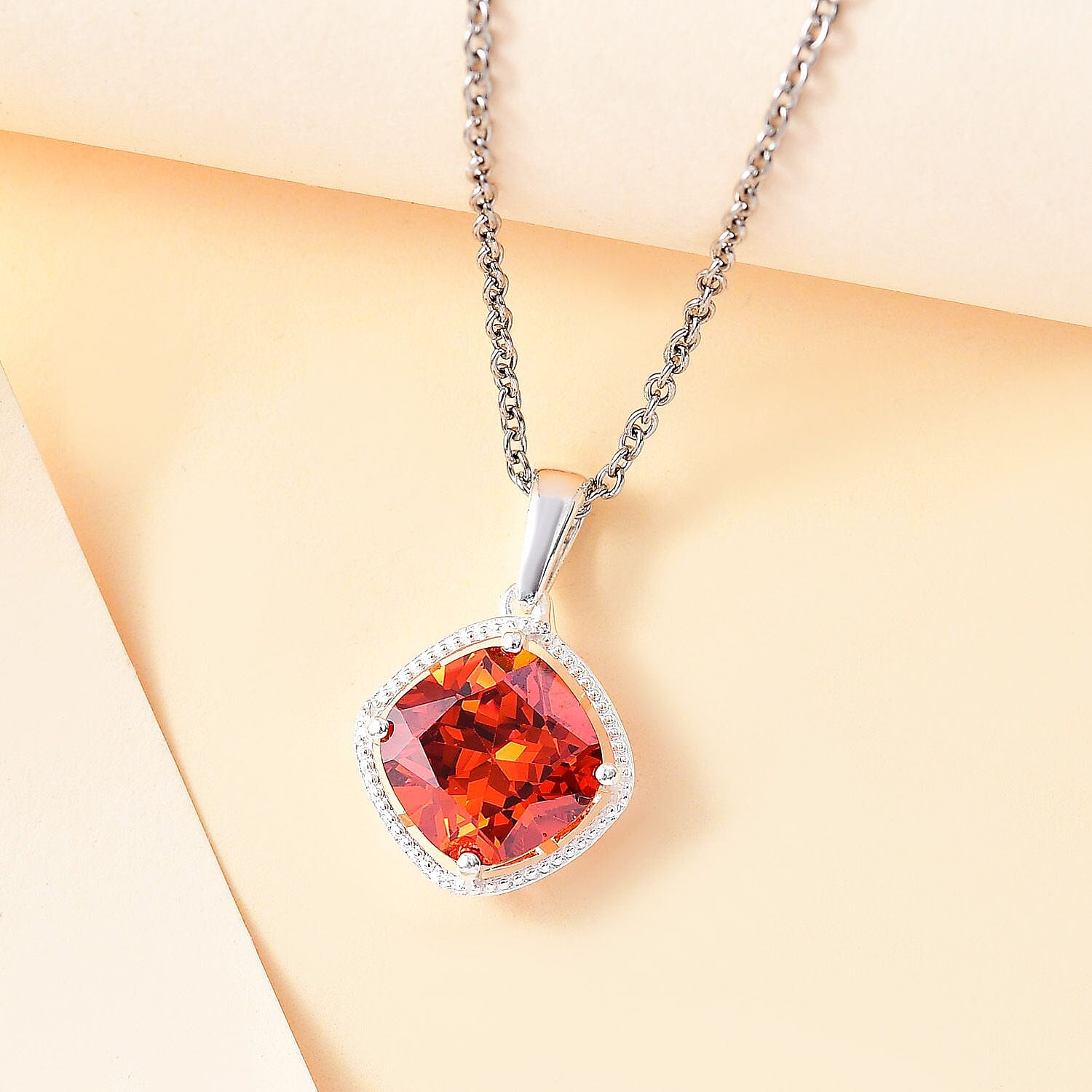 Simulated Red Diamond 6.90 ctw Pendant in Sterling Silver With Stainless Steel Necklace 20 Inches