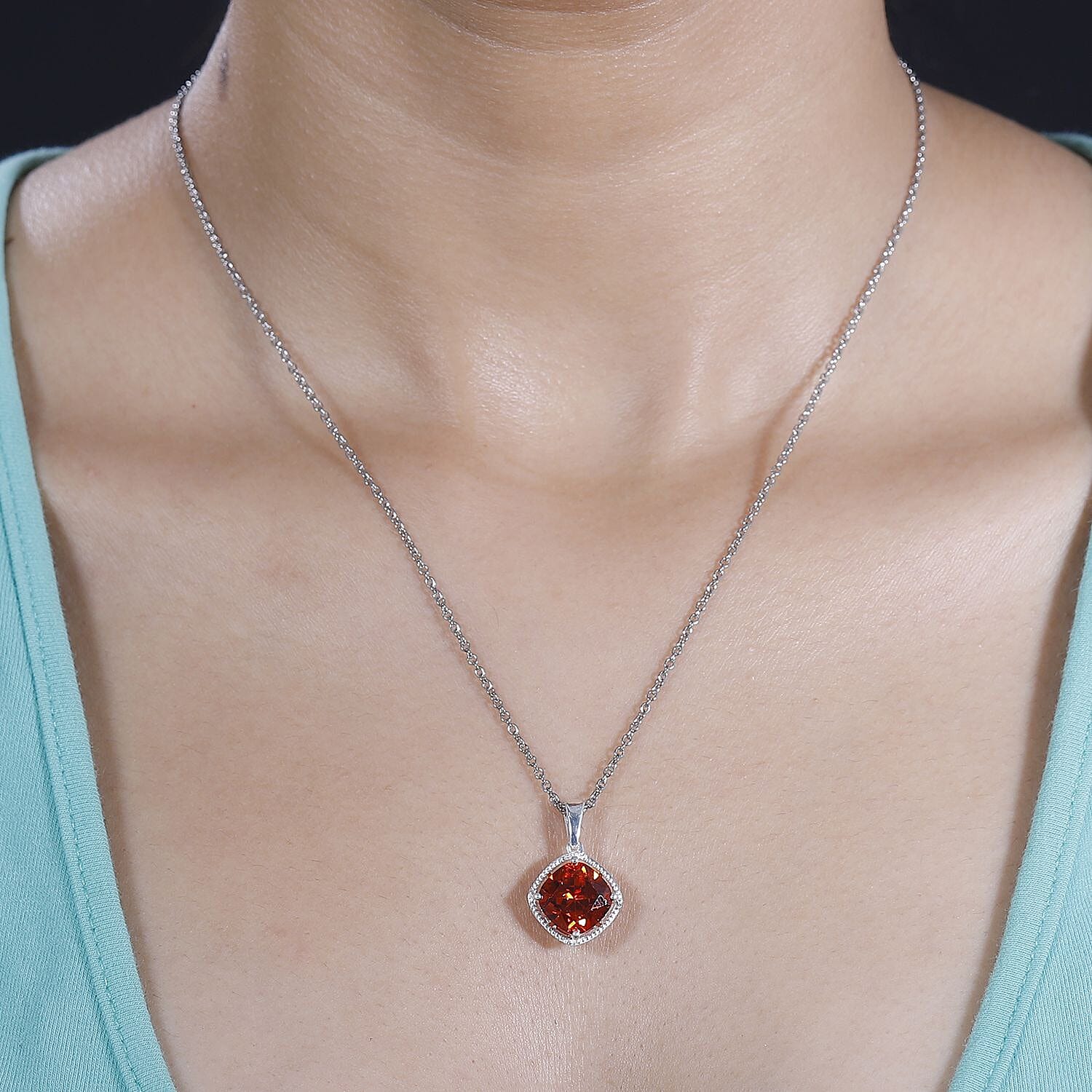 Simulated Red Diamond 6.90 ctw Pendant in Sterling Silver With Stainless Steel Necklace 20 Inches
