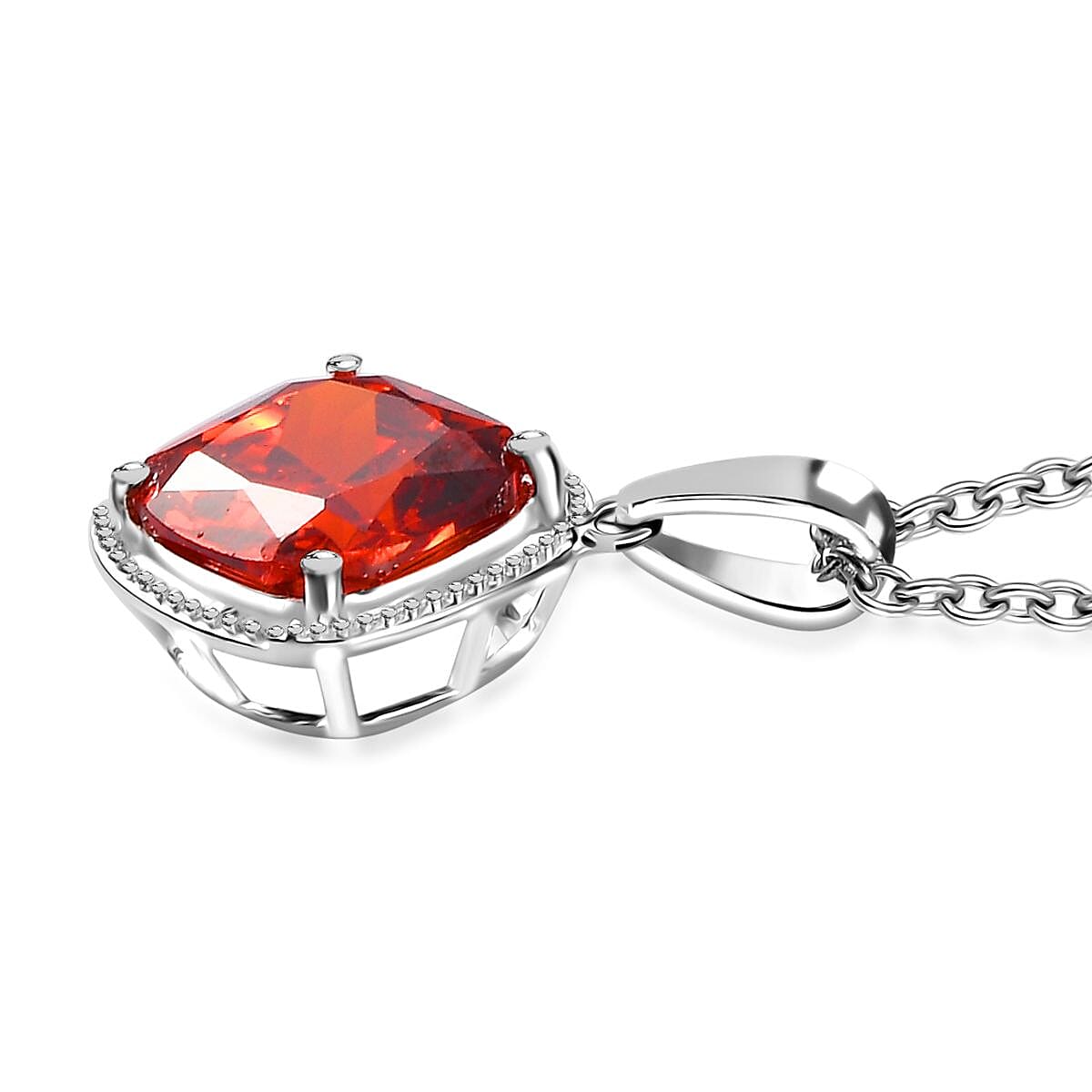 Simulated Red Diamond 6.90 ctw Pendant in Sterling Silver With Stainless Steel Necklace 20 Inches