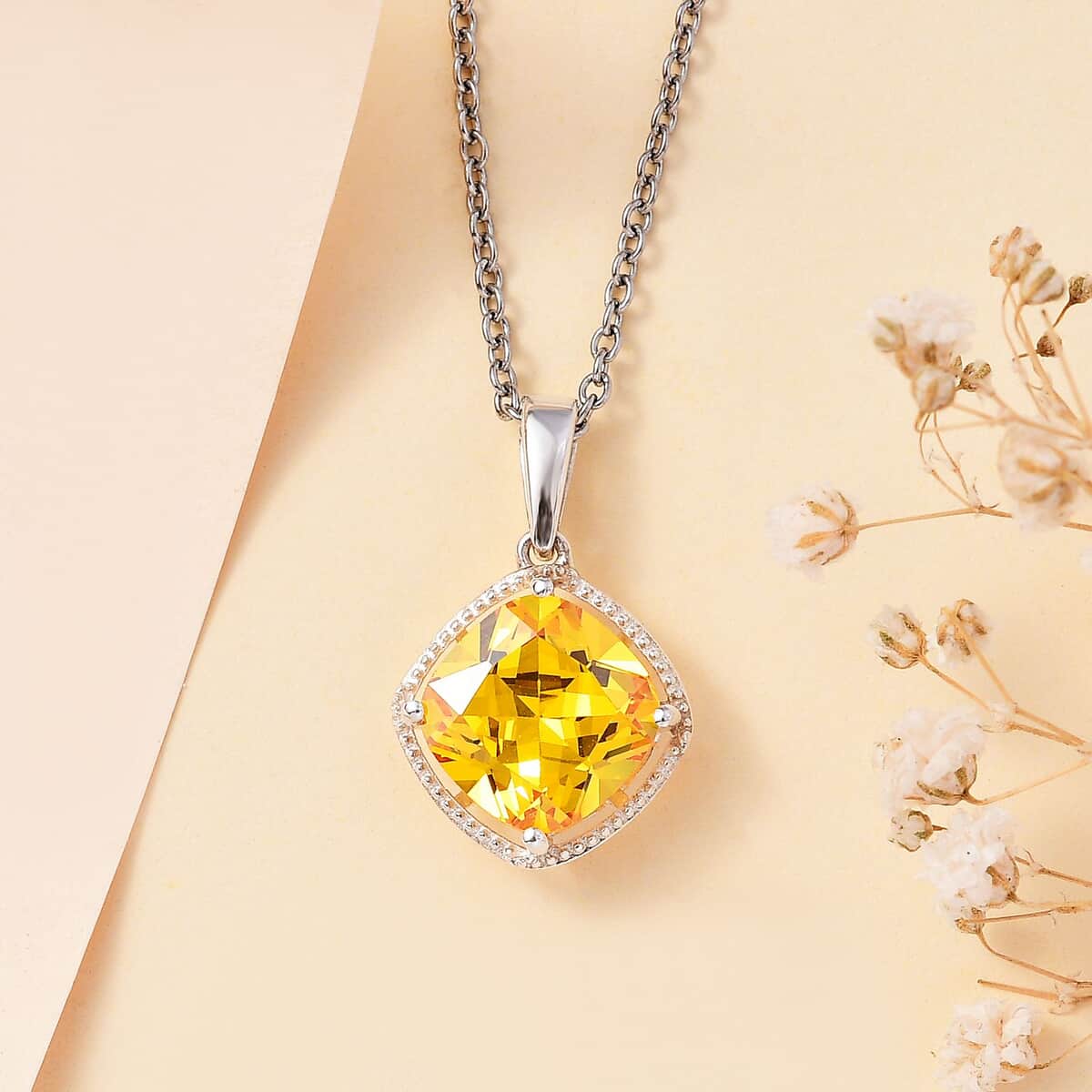 Simulated Yellow Diamond 7.25 ctw Pendant in Sterling Silver With Stainless Steel Necklace 20 Inches image number 1