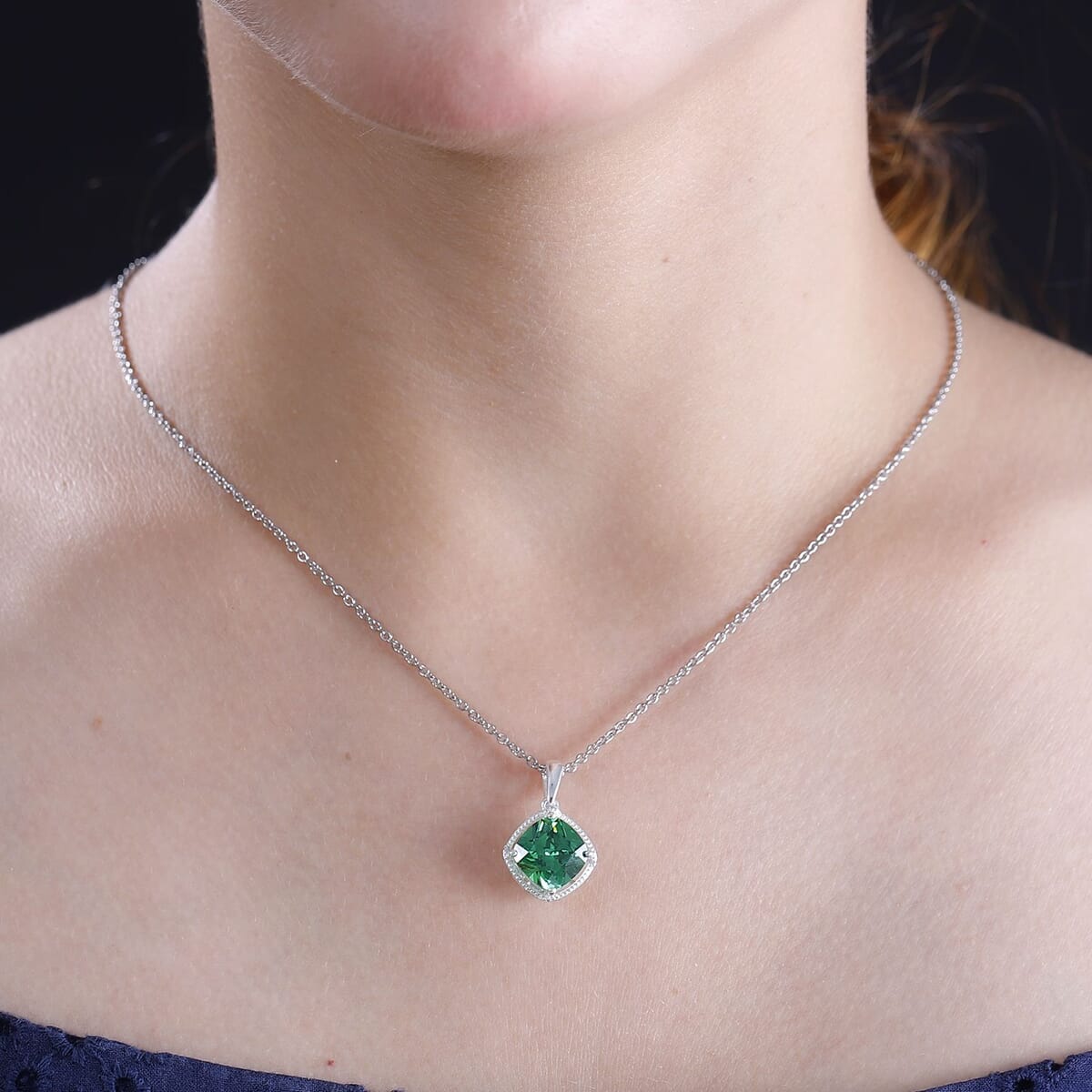 Simulated Green Diamond 7.10 ctw Pendant in Sterling Silver With Stainless Steel Necklace 20 Inches image number 2