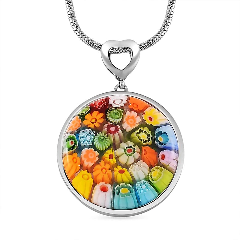Multi Color Murano Style Adjustable Pendant Necklace 24-26 Inches in Stainless Steel