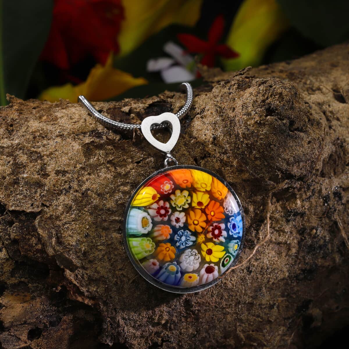 Multi Color Murano Style Pendant Necklace (24 Inches) in Stainless Steel image number 1