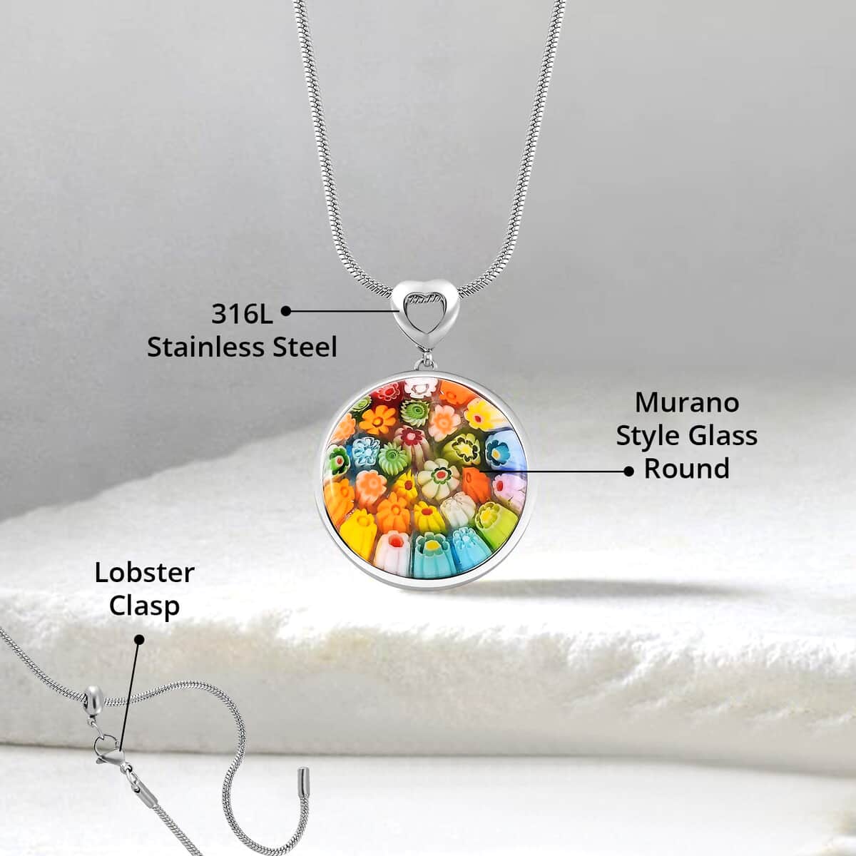 Multi Color Murano Style Pendant Necklace (24 Inches) in Stainless Steel image number 4