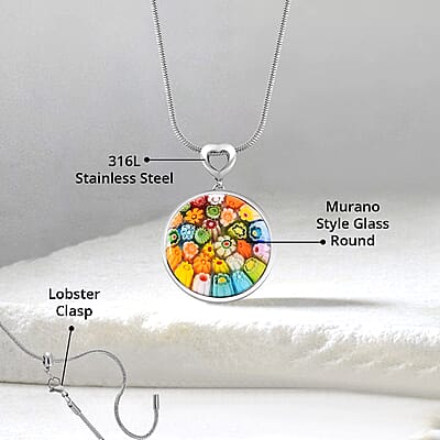 Multi Color Murano Style Adjustable Pendant Necklace 24-26 Inches in Stainless Steel