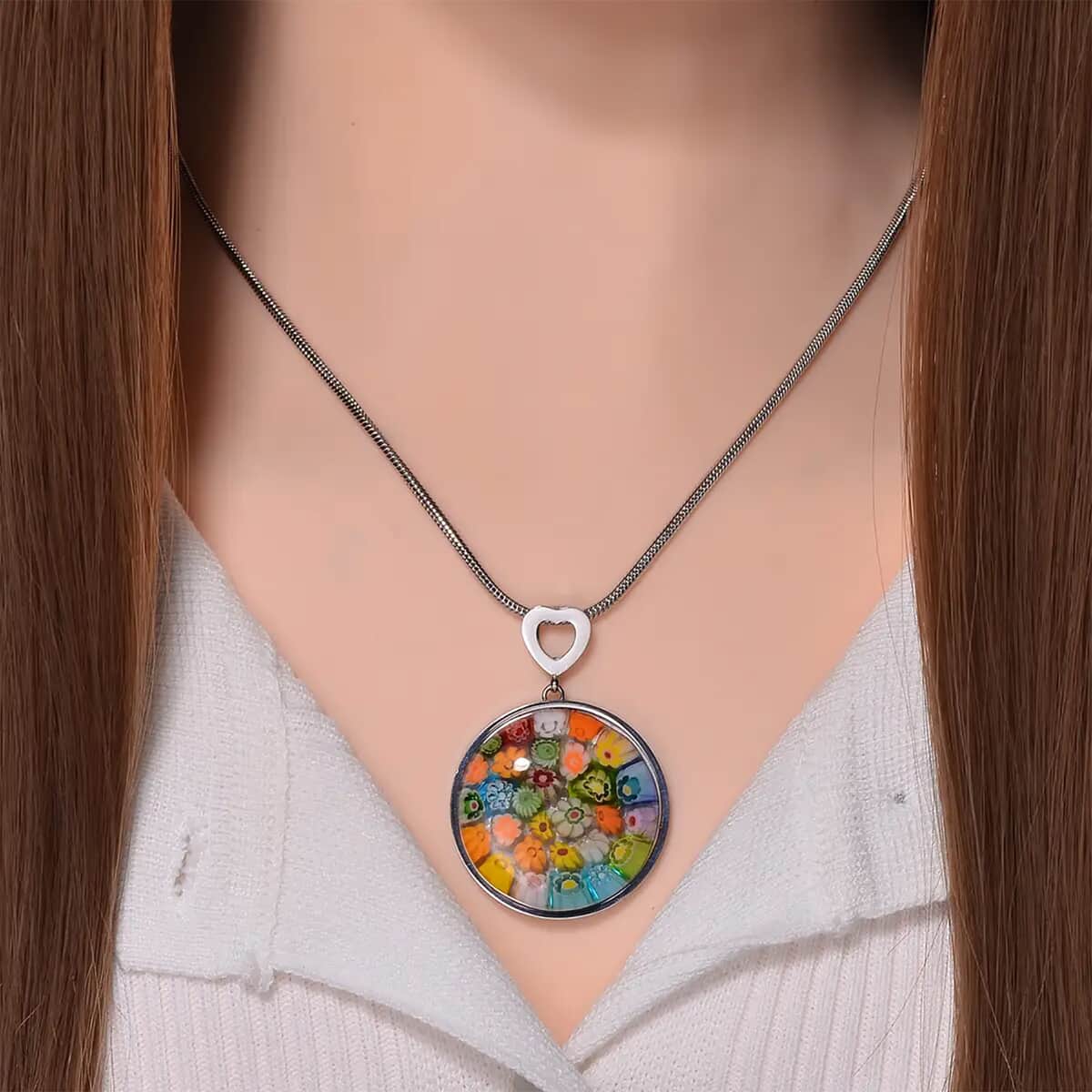 Multi Color Murano Style Pendant Necklace (24 Inches) in Stainless Steel image number 7