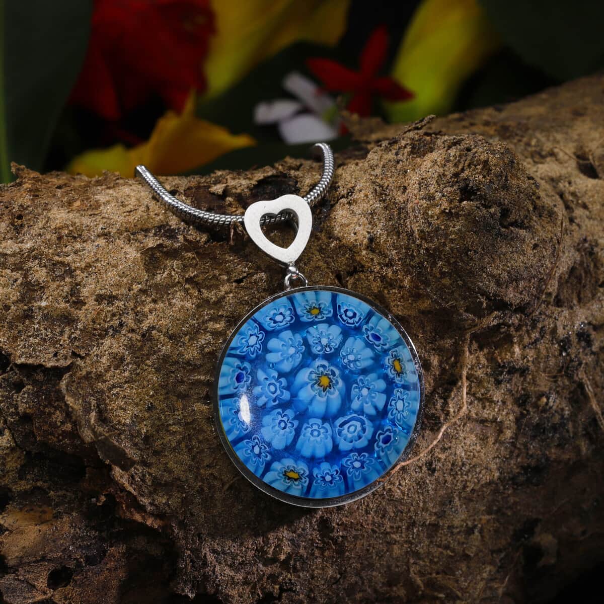 Blue Color Murano Style Pendant Necklace in Stainless Steel 24-28 Inches image number 1